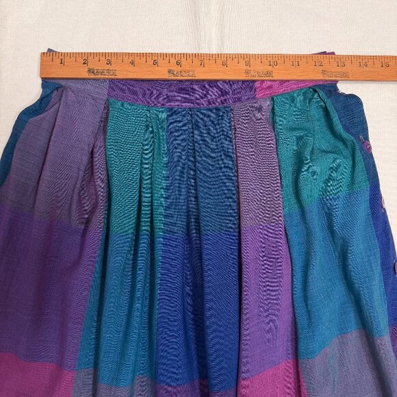 Vintage 70s 80s Purple Blue Green Plaid Rayon Midi Skirt Size 9 | 25-26" Waist - Picture 10 of 12